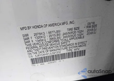 2018 Acura Mdx Technology Package Acurawatch Plus Pkg from USA, damaged, VIN 5J8YD4H51JL021312